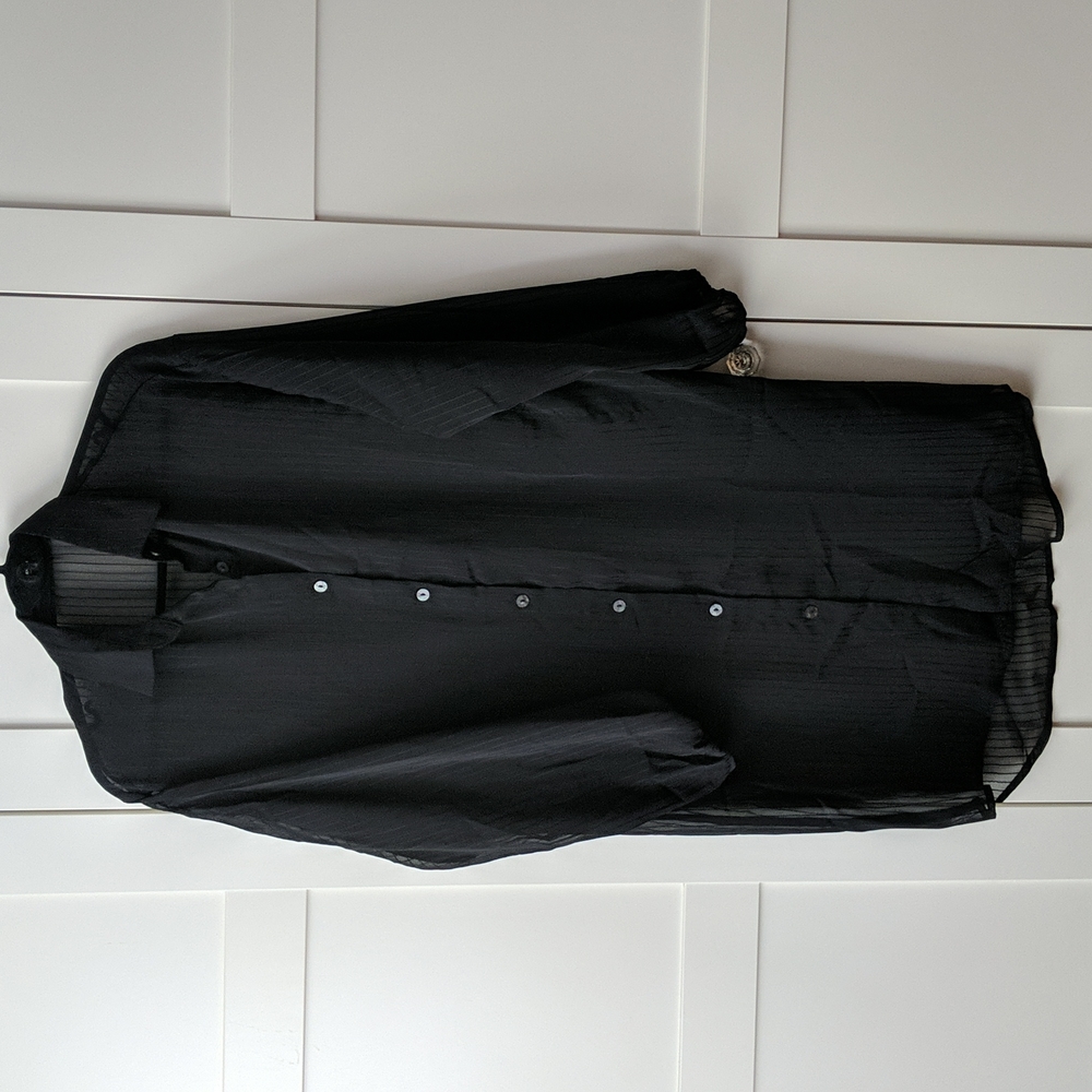 ❄️ 3/$30 Black Sheer Flowy Long Collar Button-Up Blouse Shirt Dress / Duster - Picture 8 of 11